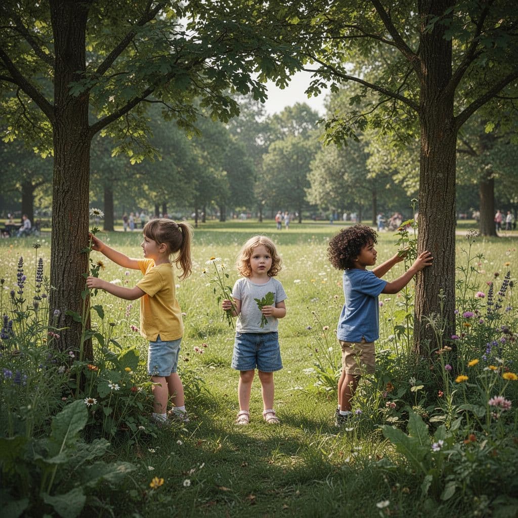 Three young children interact with trees and plants in a sunny natural park.