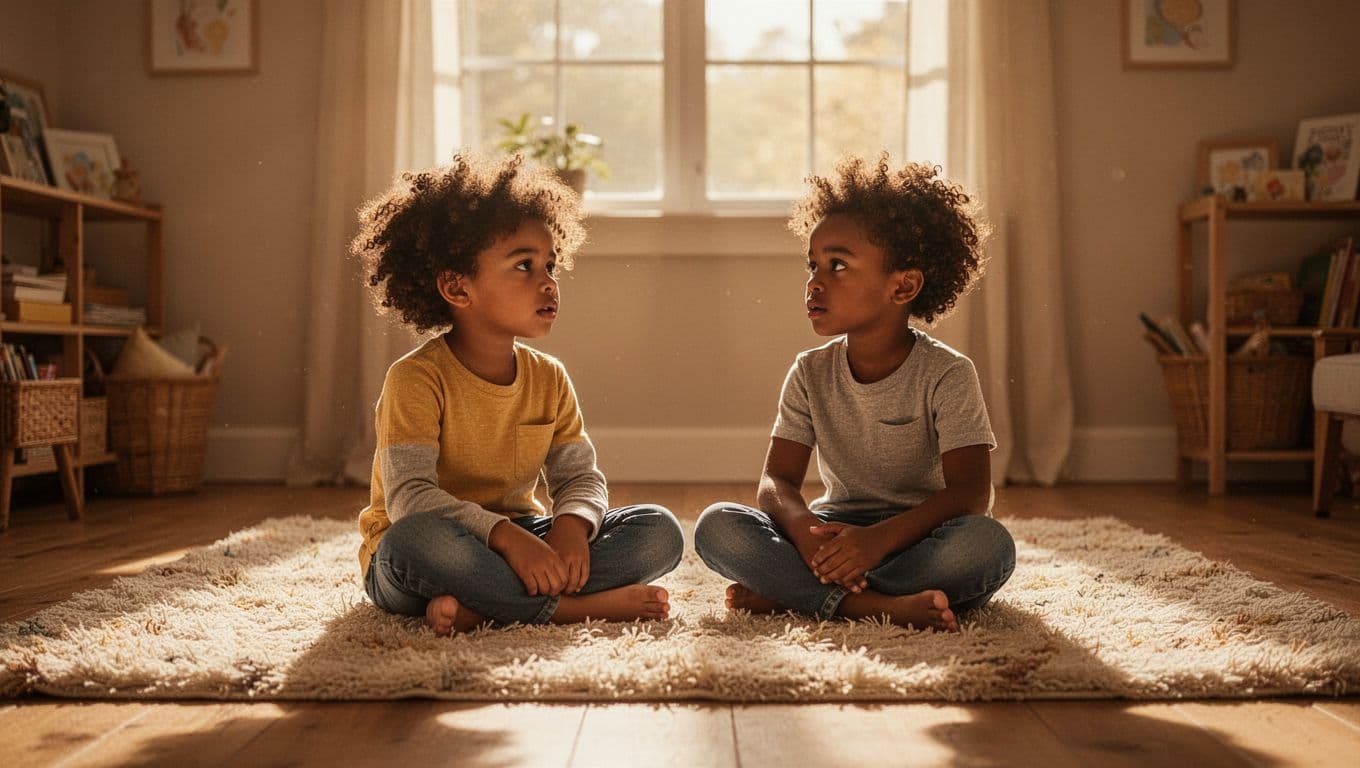 A diverse group of young children sit clustered on a soft textured rug inside a cozy room. Sunlight streams in, creating deep shadows while the students focus on a shared lesson.