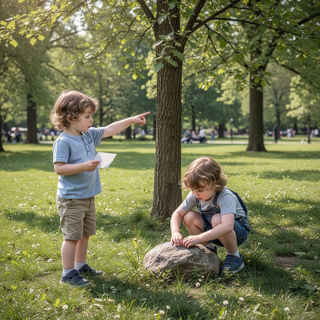 Two children in green park: one holds paper pointing at tree, other crouches by rock.