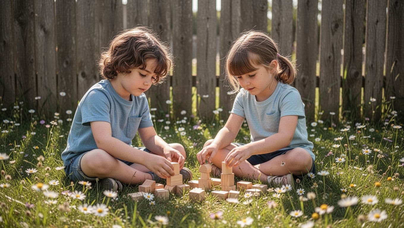 Two young children sit on a lush green lawn near a rustic wooden fence, carefully arranging small wooden blocks and gathered wildflowers. Golden sunlight filters through the trees to create warmth.