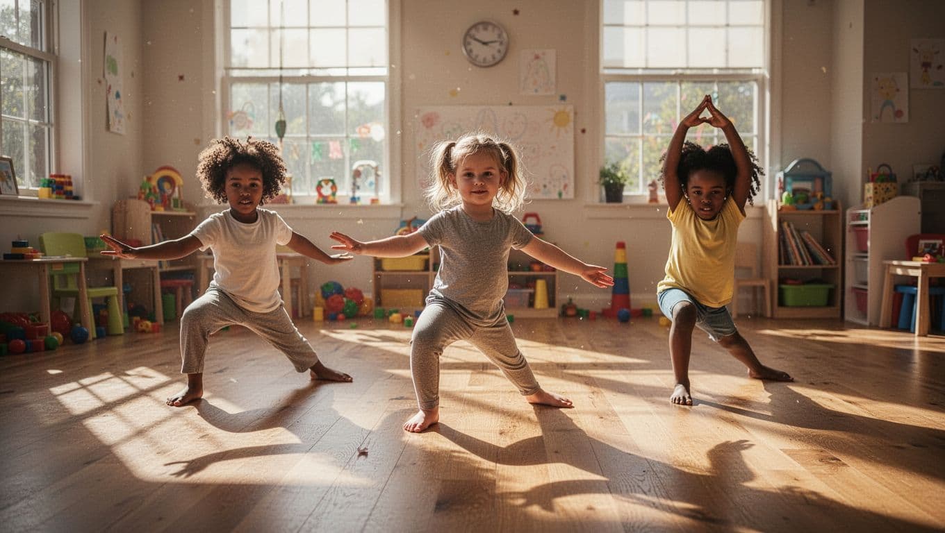 Three young children stand on a polished wooden floor in a sunlit room, mimicking yoga poses. Dramatic shadows stretch across the space as sunlight streams through a large nearby window.