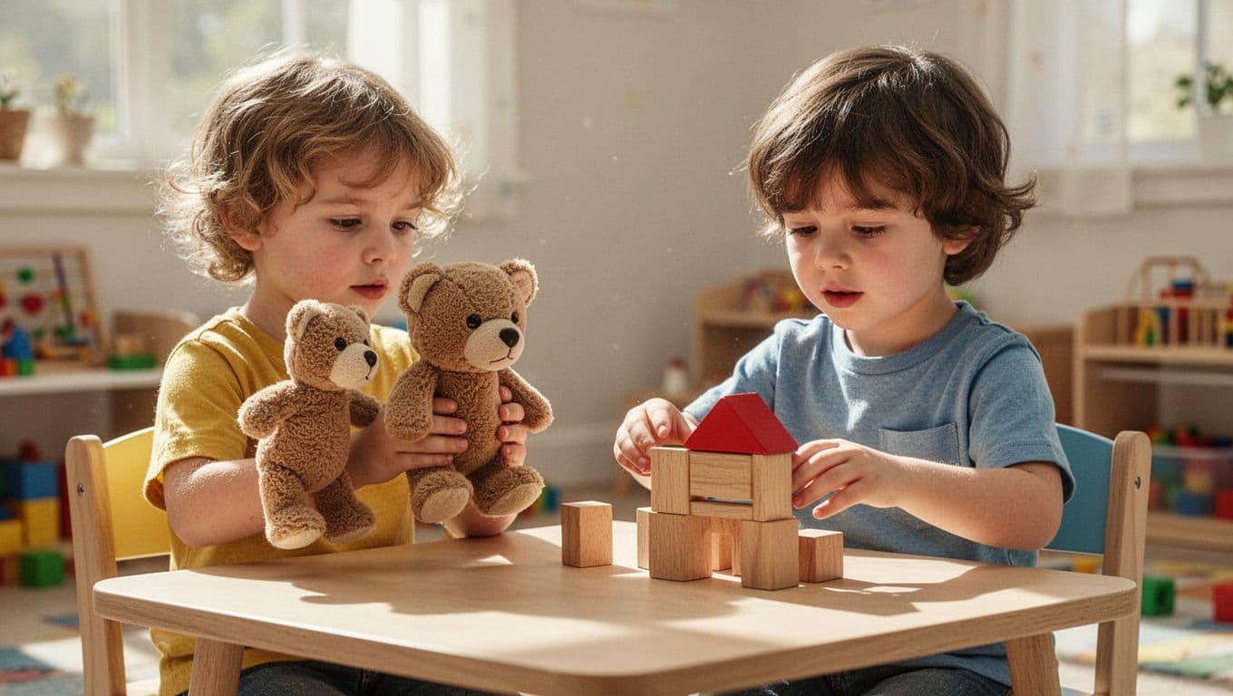 Two young children use stuffed bear and blocks on play table to reenact story scene.