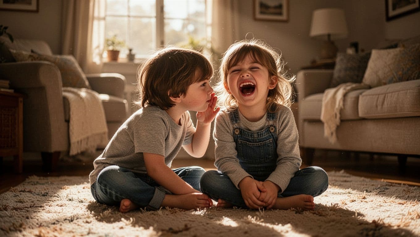 Two young children sit on a plush rug within a warm, sun-drenched living room. One child leans in to whisper a secret while the other bursts into an infectious, joyful laugh.