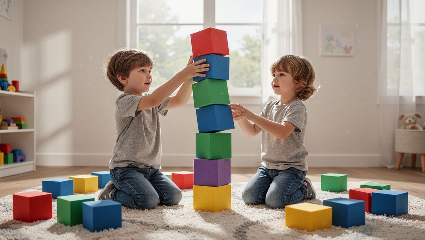 Two children stack colorful blocks into a tall wobbly tower in a playroom as it begins to fall.