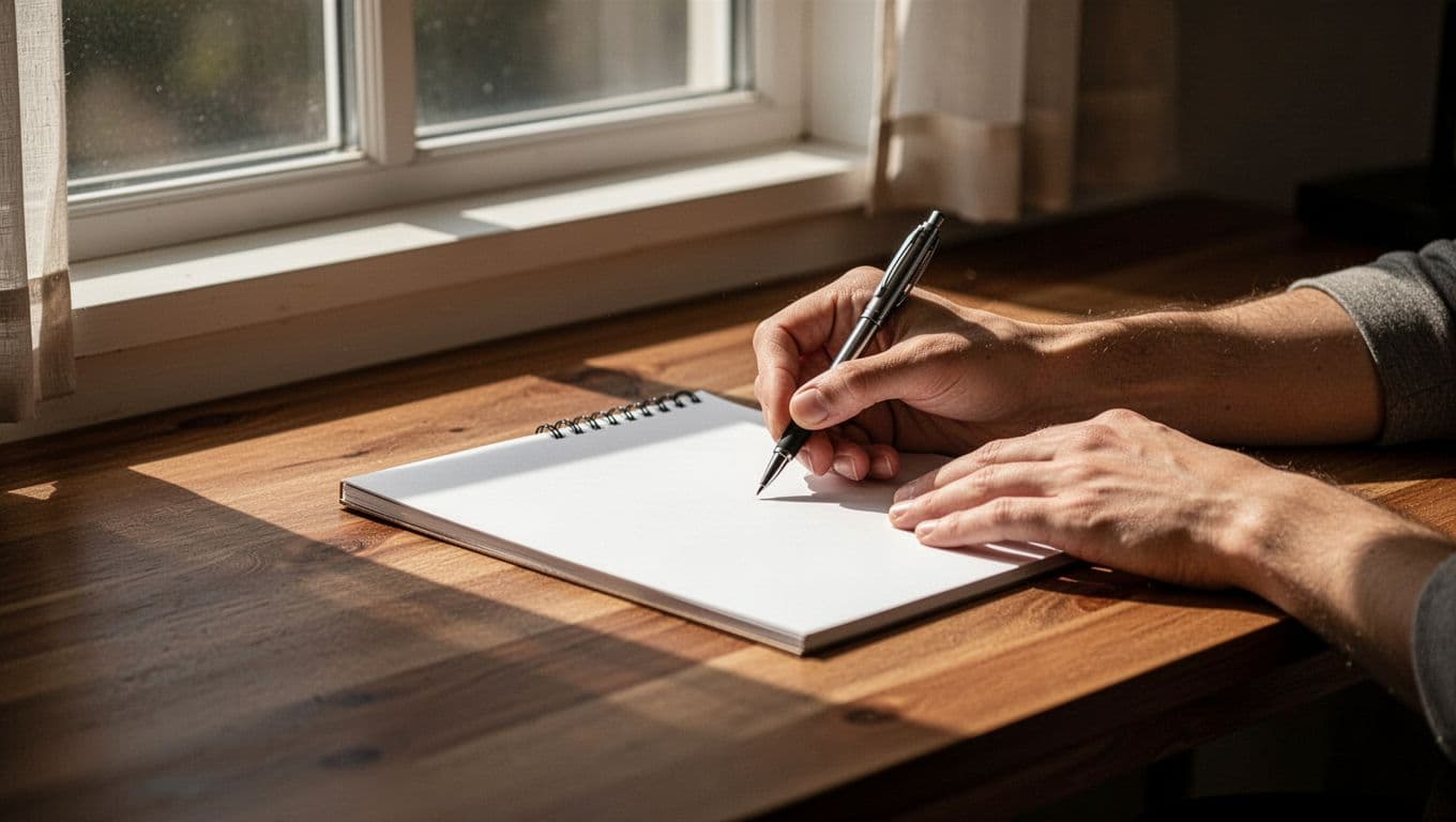 A person holds a blank notepad and pen over a rustic wooden desk. Natural light streams from a nearby window, illuminating the paper while creating soft shadows across the peaceful surface.