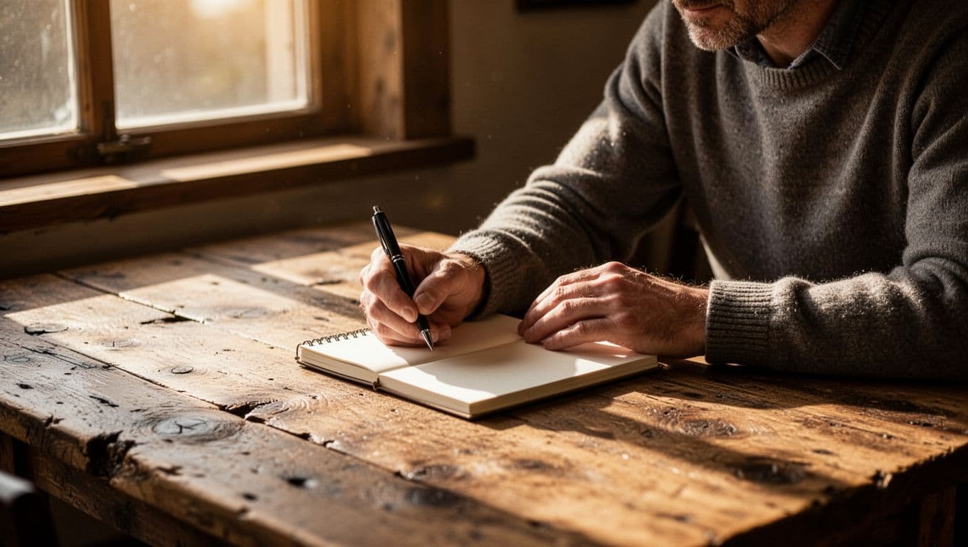 A person sits at a rough-hewn wooden table with an open notebook and pen, illuminated by golden sunlight from a nearby window. The soft-focus background highlights the quiet, meditative environment.