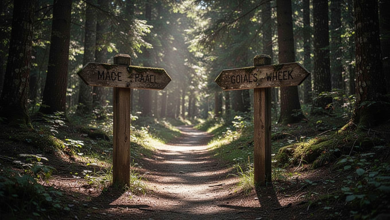 A split in a tranquil, sun-drenched forest trail features two weathered wooden signposts standing side by side. Dramatic light filters through the dense canopy to highlight the divergent trail directions.