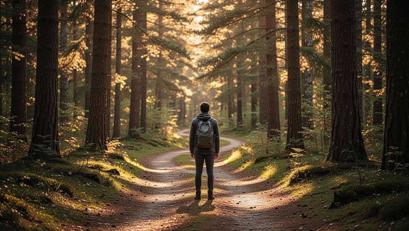 A lone individual stands before a branching trail deep within a dense forest during golden hour. Soft amber sunlight illuminates the mossy path, creating a scene of contemplation and significant decision-making.