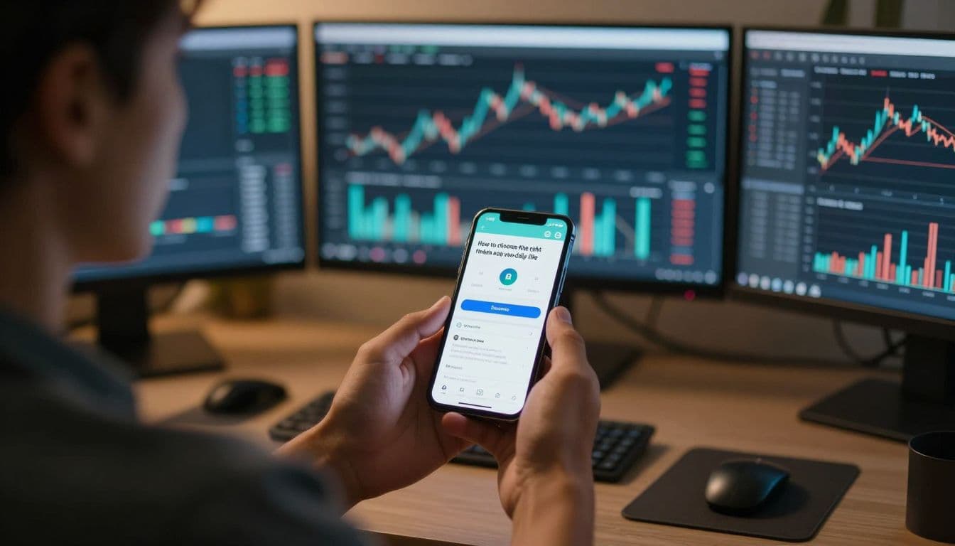 A person sits at a desk bathed in warm lighting, surrounded by glowing smartphone screens displaying complex financial charts and graphs. The individual appears focused while analyzing various digital banking options.