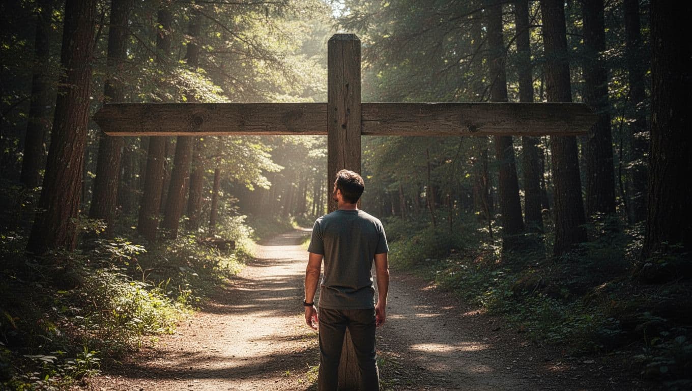A lone figure stands at a junction where a bright, open trail meets a dense, winding thicket. The dramatic sunlight highlights the contrast between these two distinct forest route options.