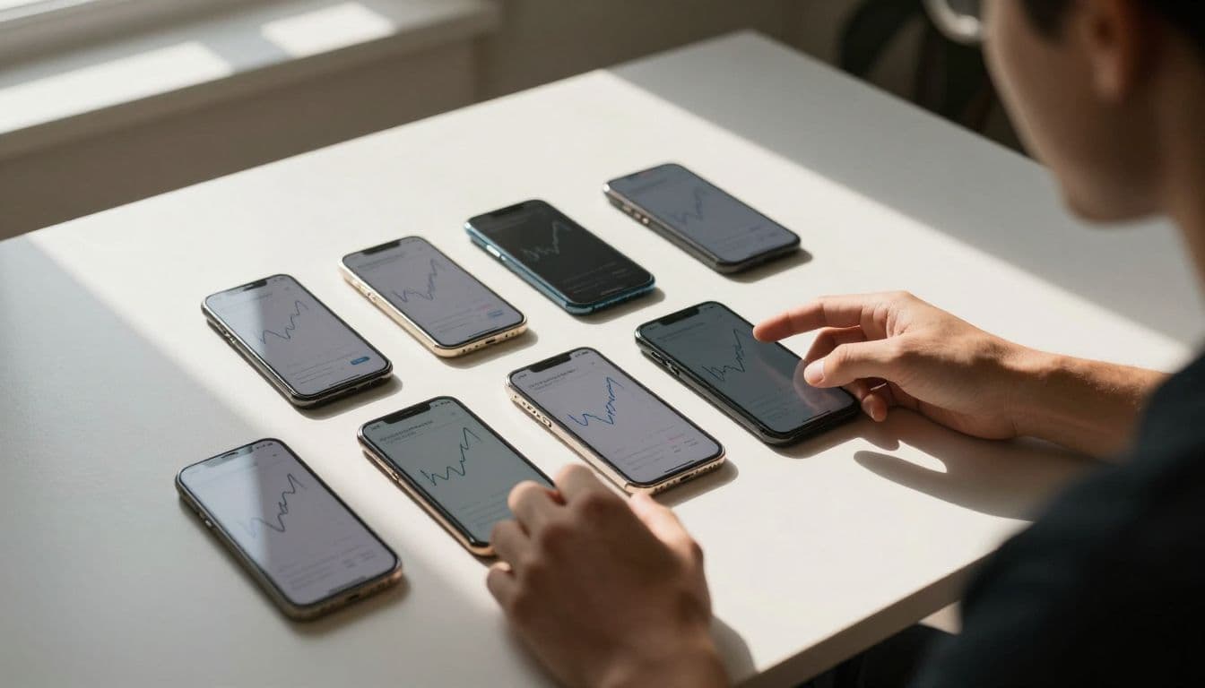A person sits at a sunlit desk with multiple smartphones arranged in a row, each displaying unique colorful abstract financial charts. Their hands rest near the devices in deep shadows.