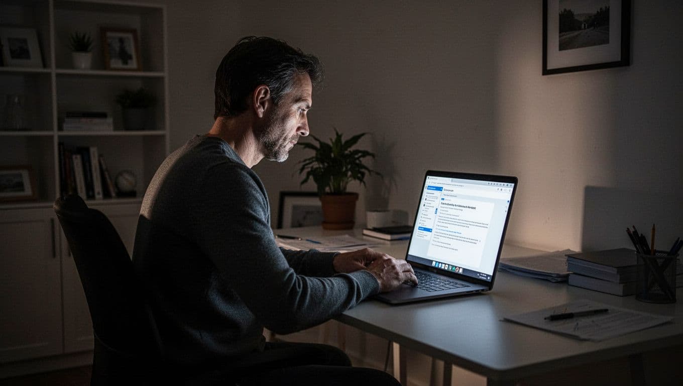A person sits in a moody, dimly lit home office, focused intently on a laptop screen that displays complex financial data. High-contrast lighting highlights their thoughtful expression during this important decision.