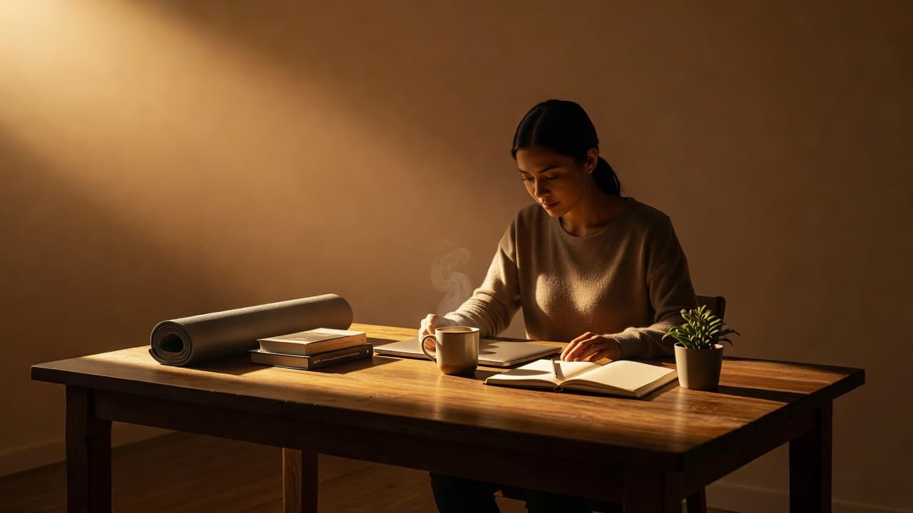 A single person sits at a minimalist wooden table, evaluating different morning activity options arranged before them. Dramatic side lighting creates a warm, cinematic atmosphere that emphasizes focus and thoughtful decision-making.