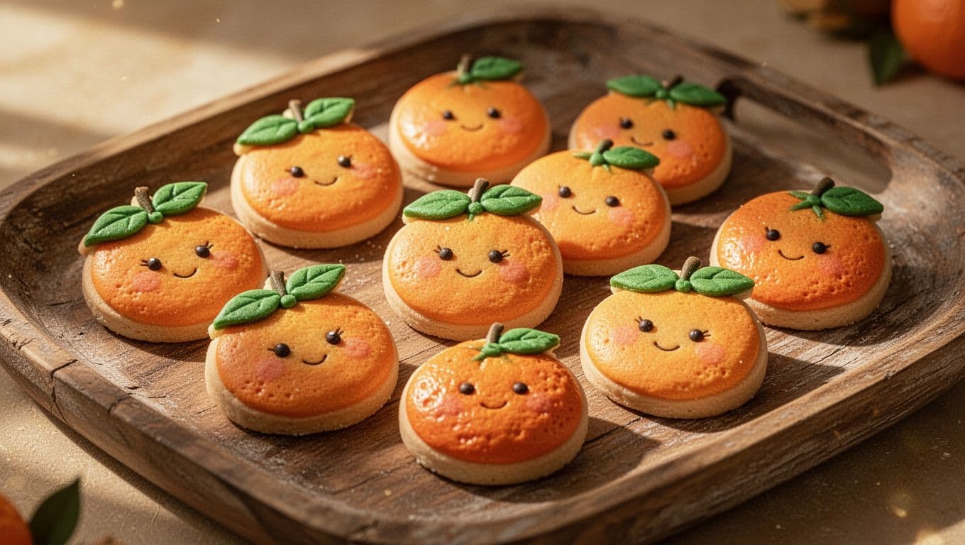 A wooden tray displays several sugar cookies shaped like clementines with hand-painted smiling faces and green leaves. Soft afternoon light highlights the warm, cheerful seasonal colors on each citrus treat.