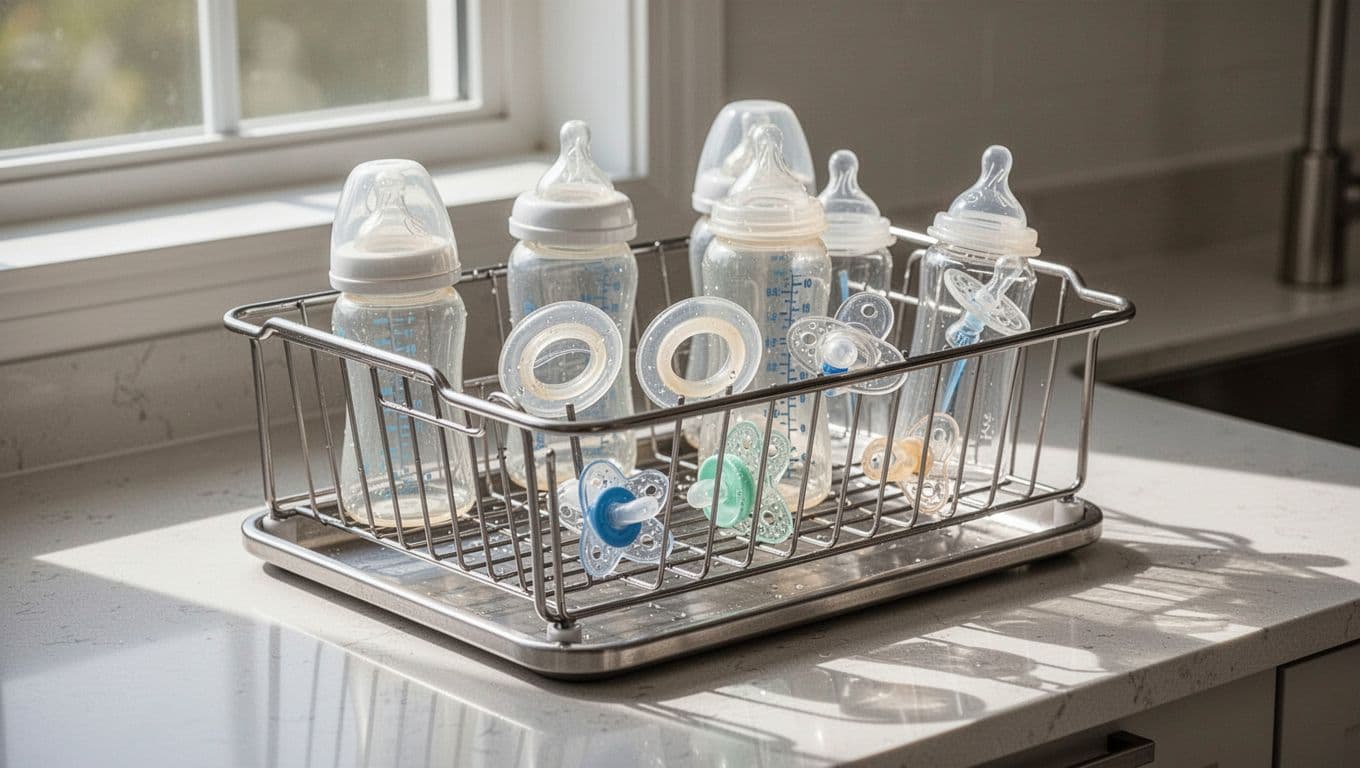 Clean dish drying rack on kitchen counter holds disassembled baby bottles, nipples, rings, and pacifiers upright in natural light.