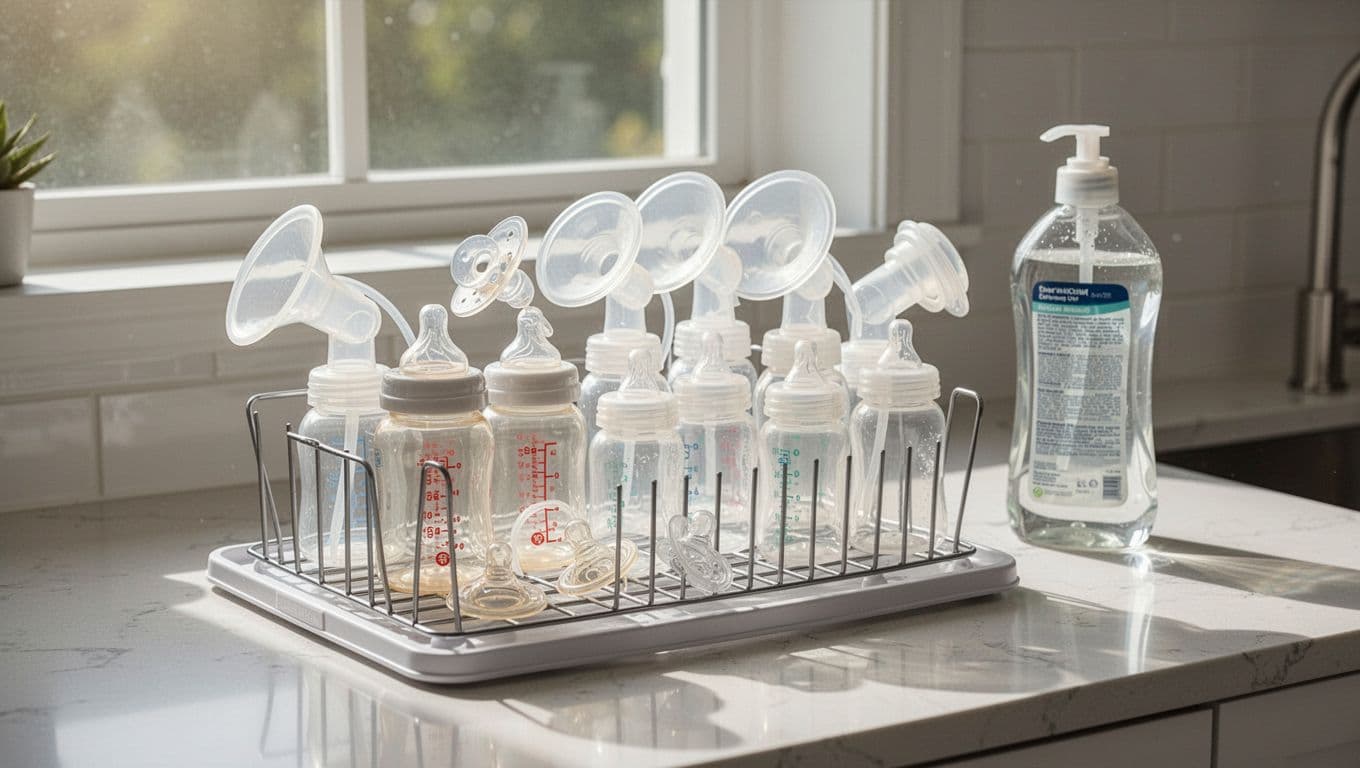 Baby bottles, pacifiers, pump parts, and nipple shields arranged on drying rack in bright kitchen with dish soap nearby.