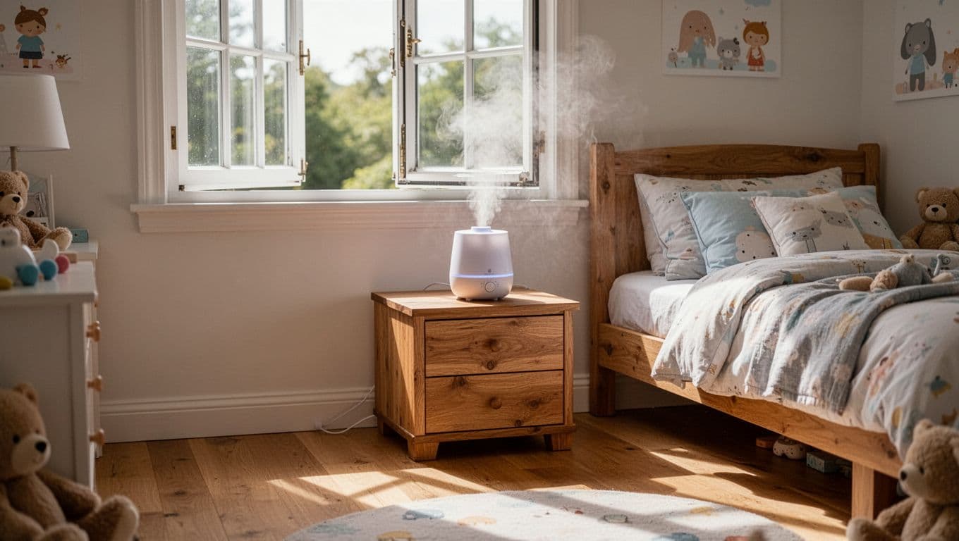 A wooden nightstand sits beside a bed featuring soft, neutral bedding. A small humidifier emits a fine mist, while an open window provides fresh air to the clean, minimalist space.