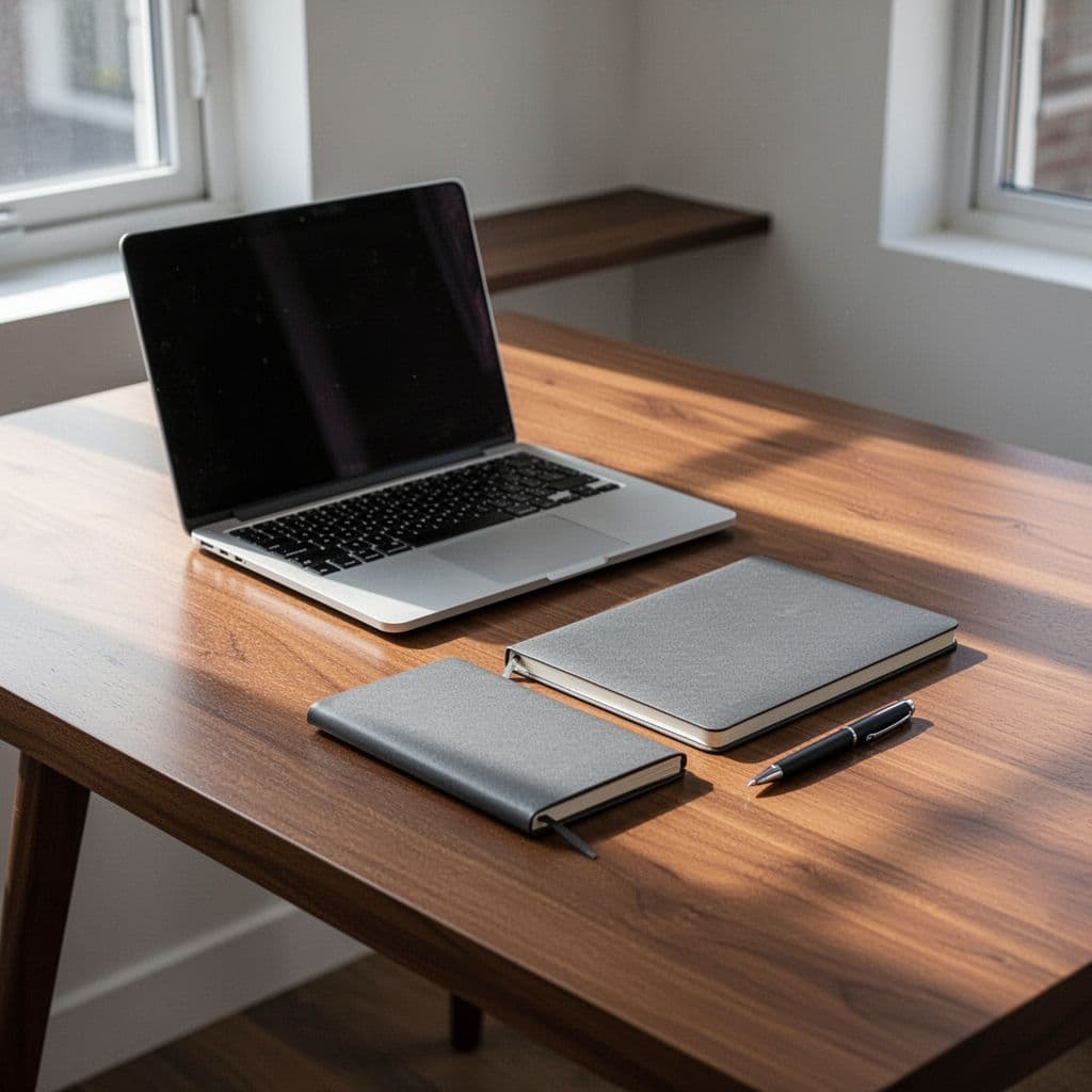 Laptop on wooden desk with nearby notebook and pen in soft natural light.