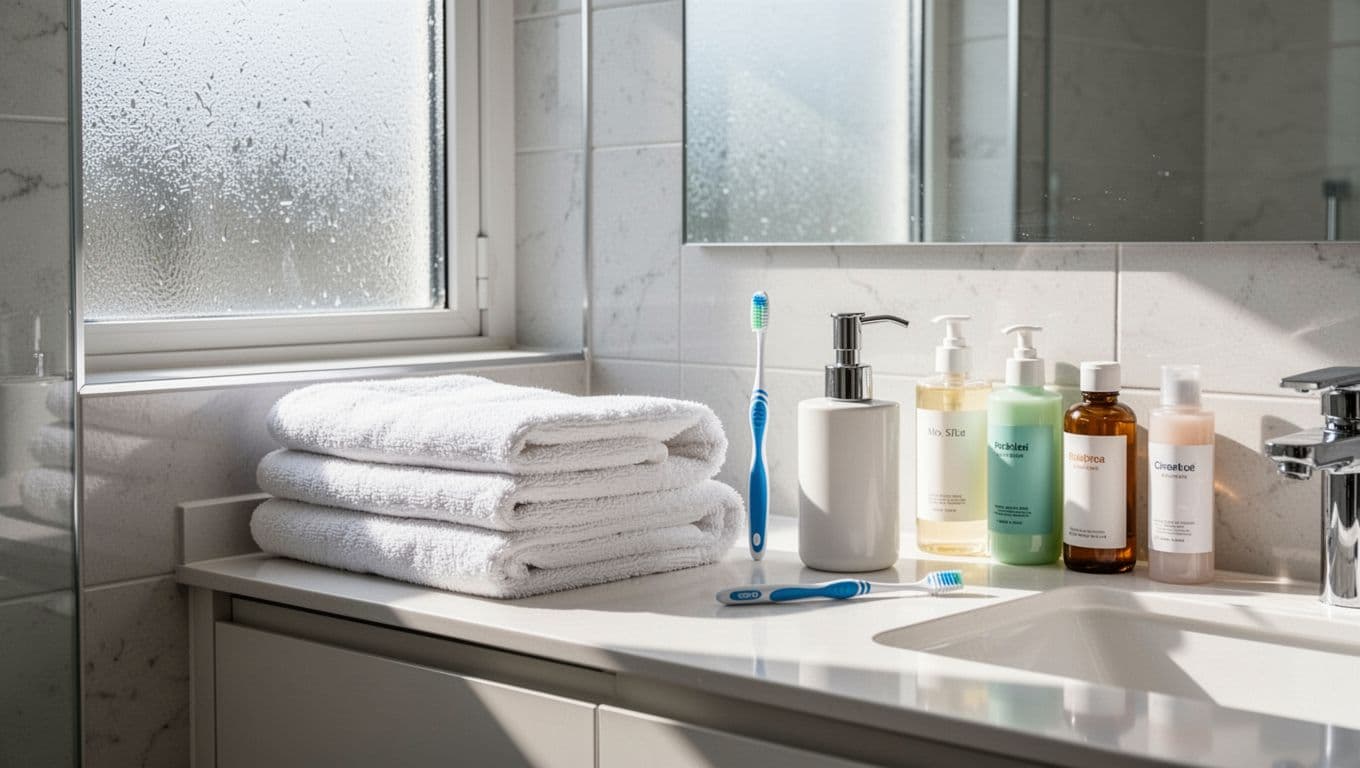 A pristine modern bathroom with fresh towels, soap, toothbrush, and shower products neatly arranged under bright natural light, evoking an inviting and hygienic atmosphere focused on personal grooming preparation.