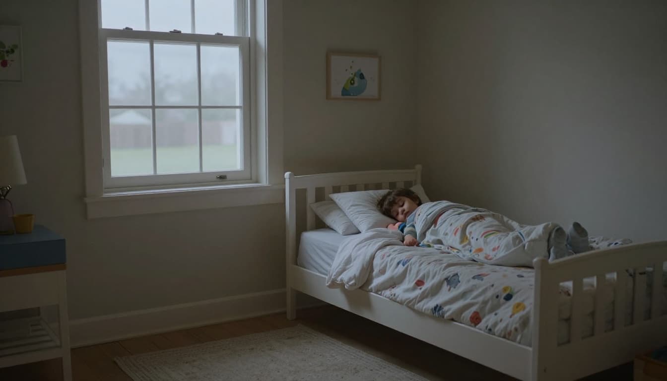 Sleeping toddler in dust-free bedroom with fresh bedding, soft night light, and slightly open window.