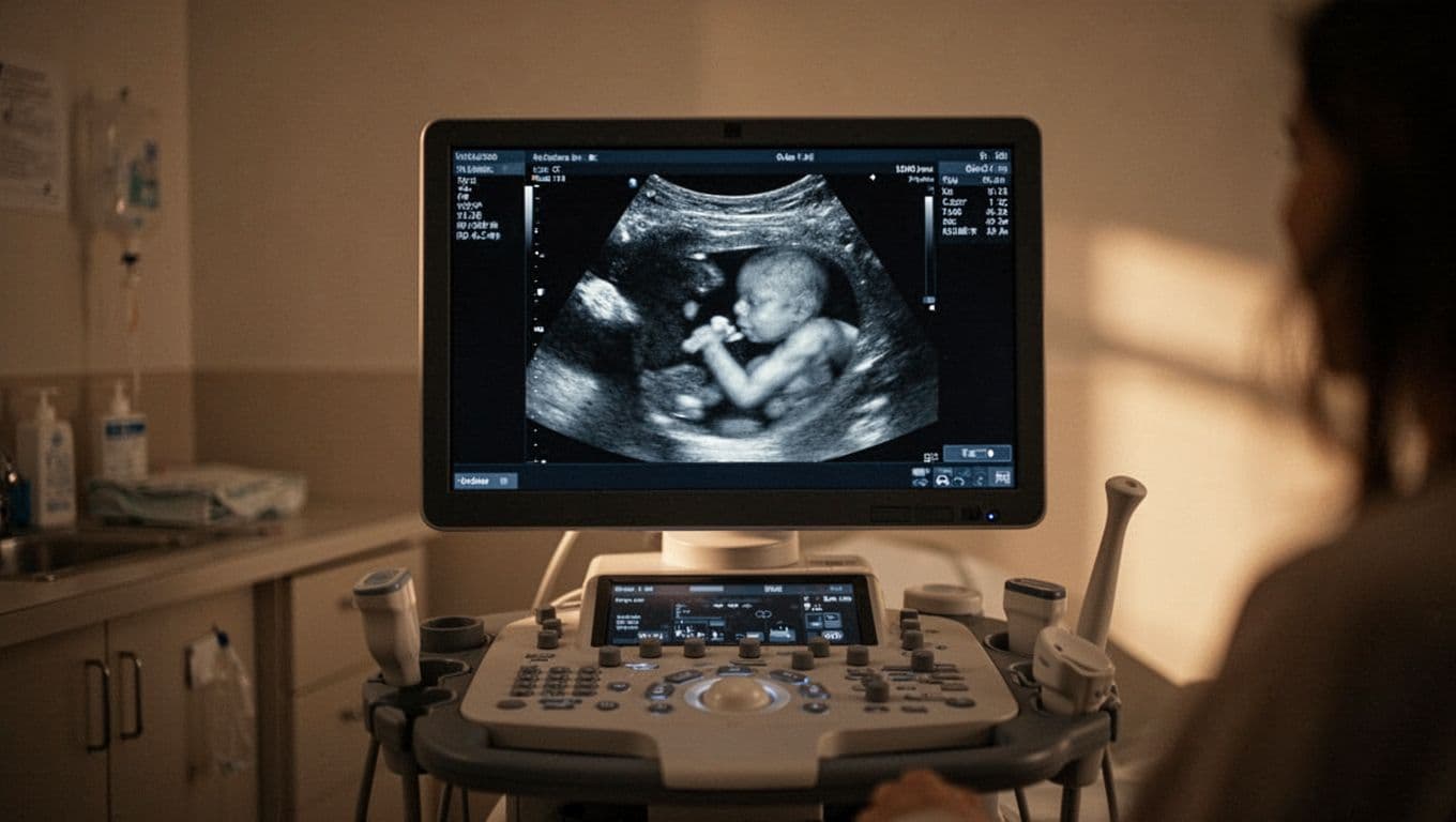 A high-tech medical ultrasound device stands in a dimly lit, quiet examination room. The glowing screen displays soft-focus grayscale imagery of a fetal form, highlighting the specialized nature of prenatal diagnostic technology.