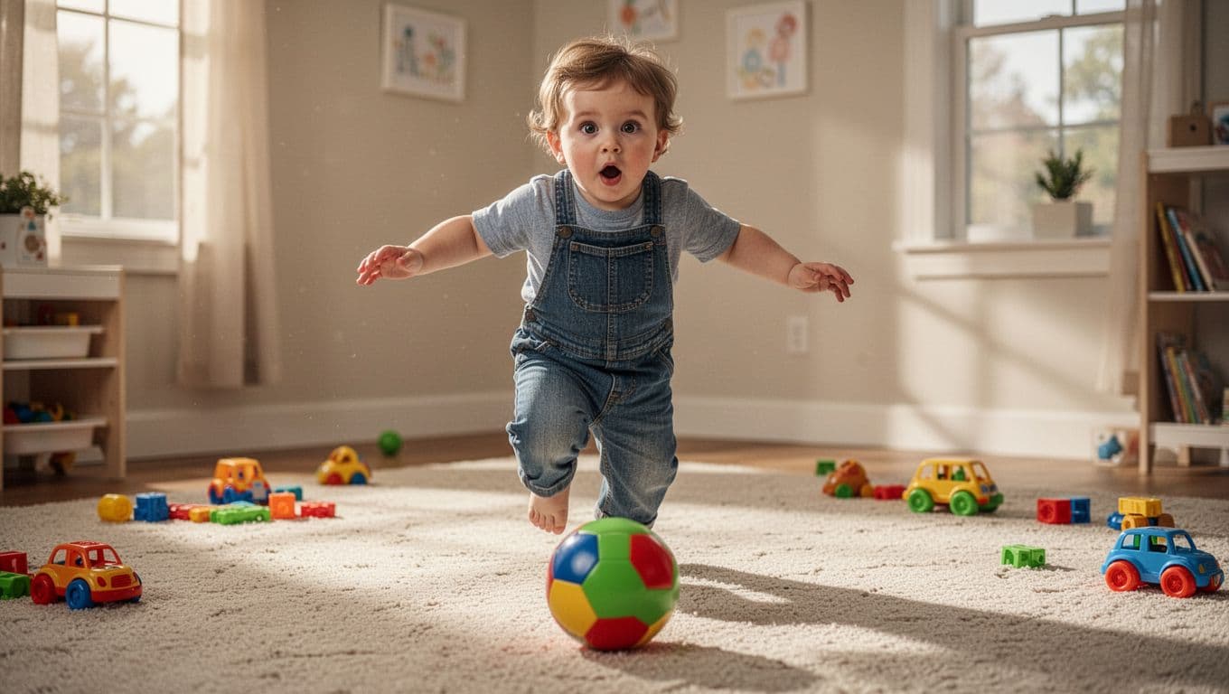 Toddler boy mid-stumble running to floor ball in sunny playroom, arms outstretched for balance, wide-eyed surprise.