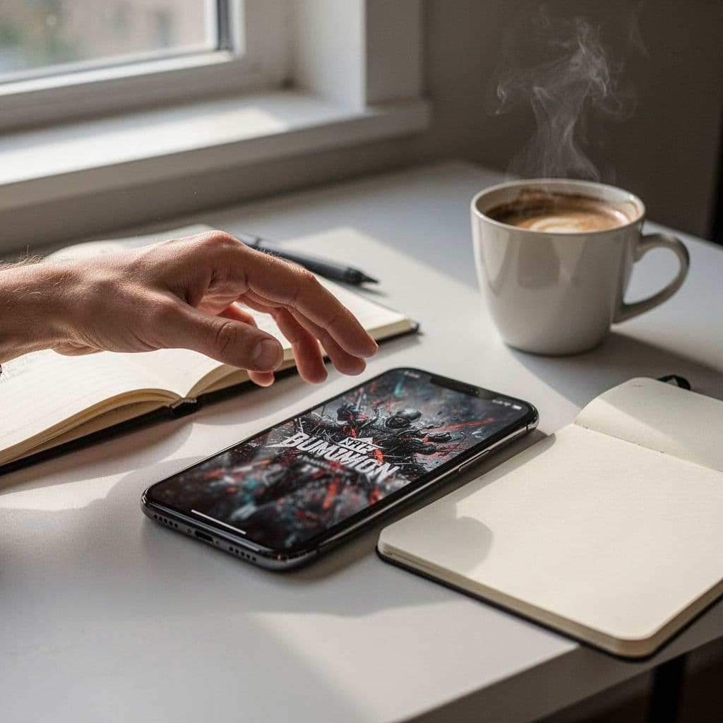 A hand rests near a smartphone displaying a cluttered and disorganized graphic design on a clean desk.