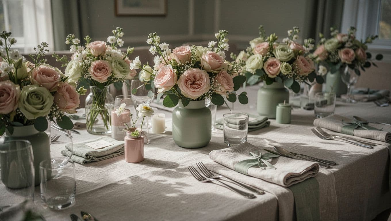 A long table features soft pastel flowers and linen napkins arranged neatly under gentle lighting. Small decorative ceramic pieces sit on a sage runner, creating a serene and balanced atmosphere.