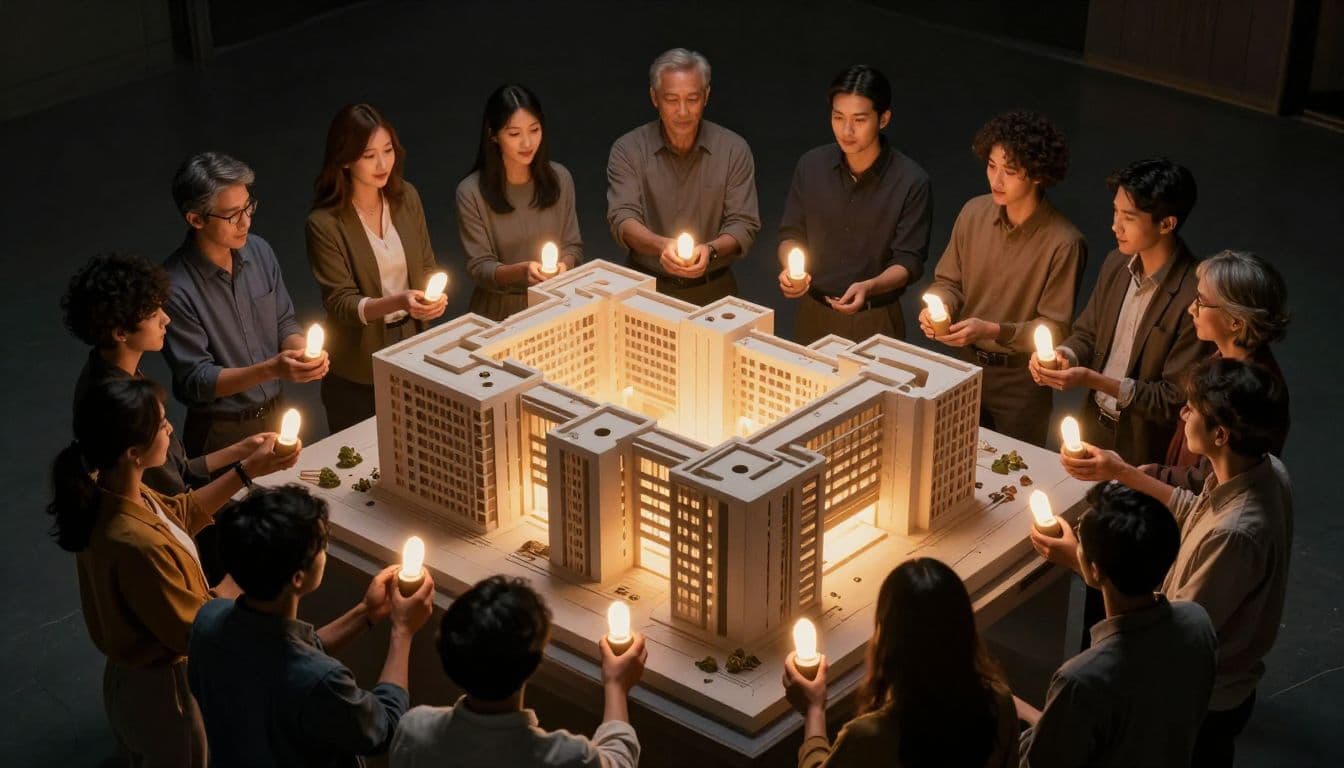 A diverse group of individuals stands in a dark room holding glowing architectural fragments. Together, these luminous pieces fit perfectly into a complex structure that symbolizes collective growth and shared investment.