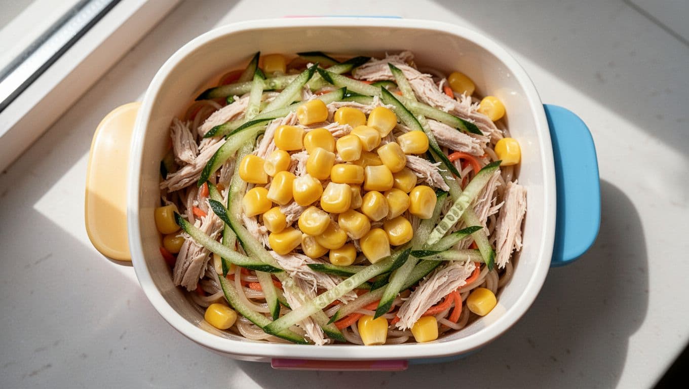 A top-down view shows a bento box containing cold noodles mixed with vibrant yellow corn, crisp sliced cucumbers, and tender shredded chicken pieces, all arranged under dramatic high-contrast studio lighting.
