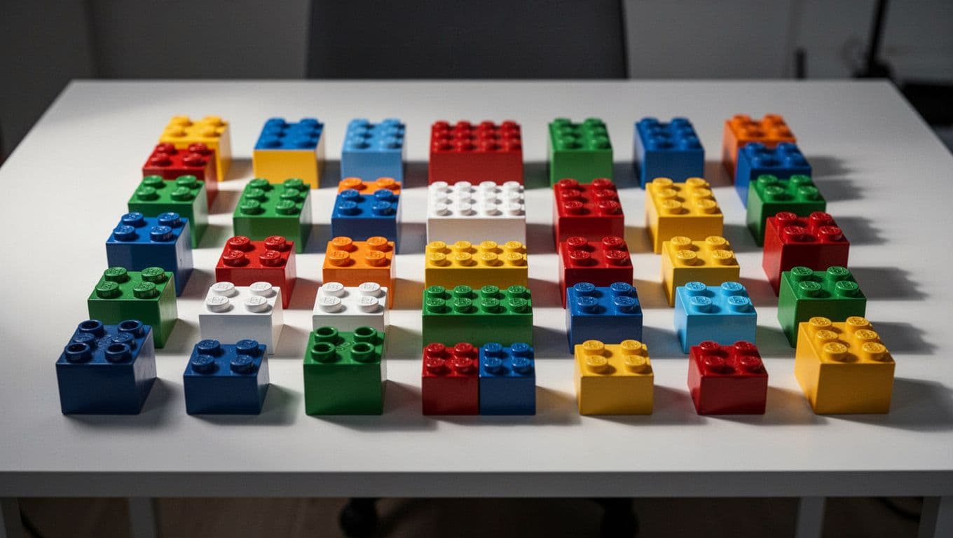 Small vibrant plastic bricks are organized into a precise grid pattern on a bright white surface. High-contrast lighting casts soft shadows that highlight the geometric texture and glossy surface of each piece.