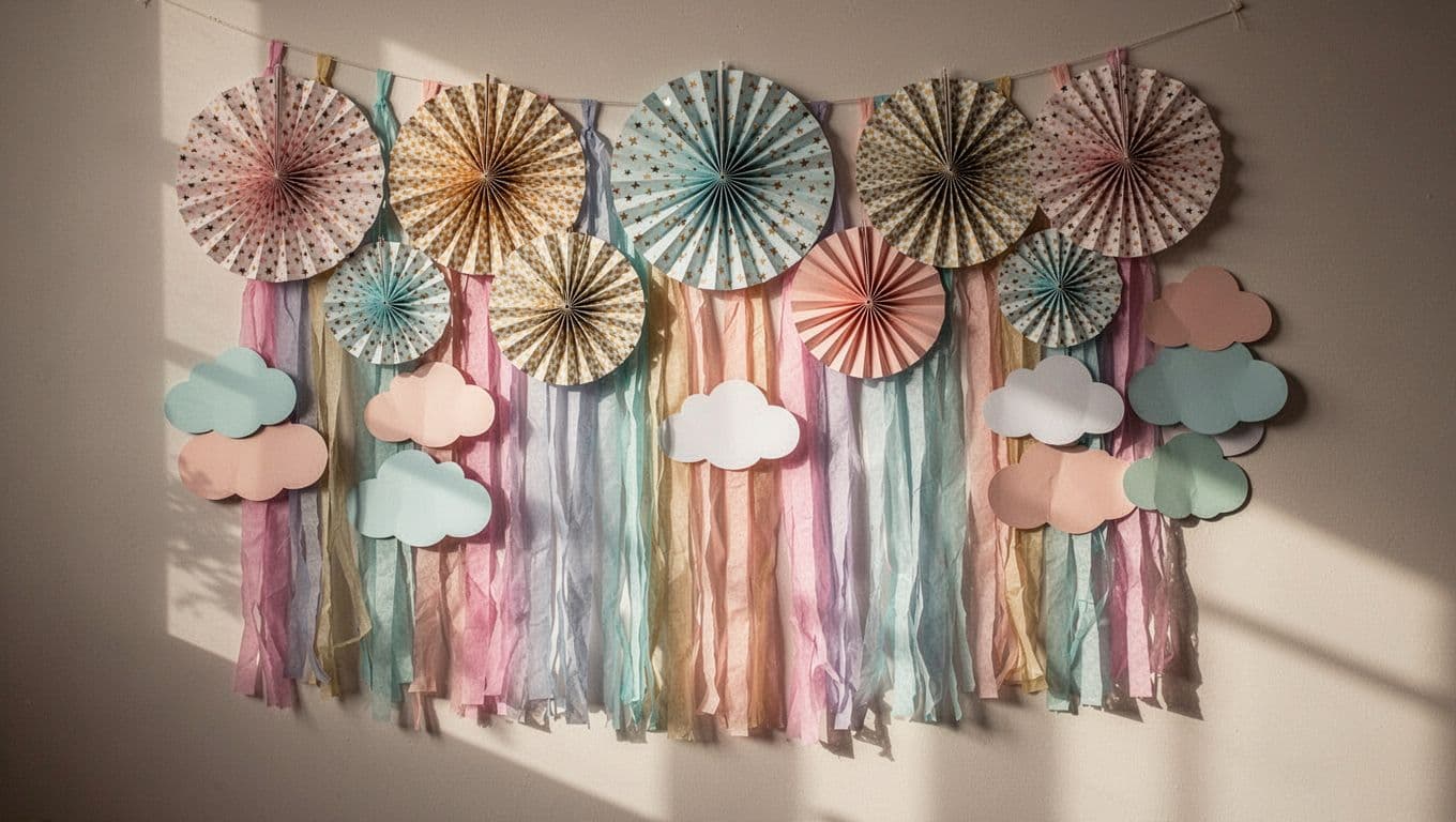 A festive wall arrangement featuring vibrant circular paper fans in various sizes, cascading metallic streamers, and layered cardstock cutouts. The soft natural lighting enhances the high contrast of the festive paper display.