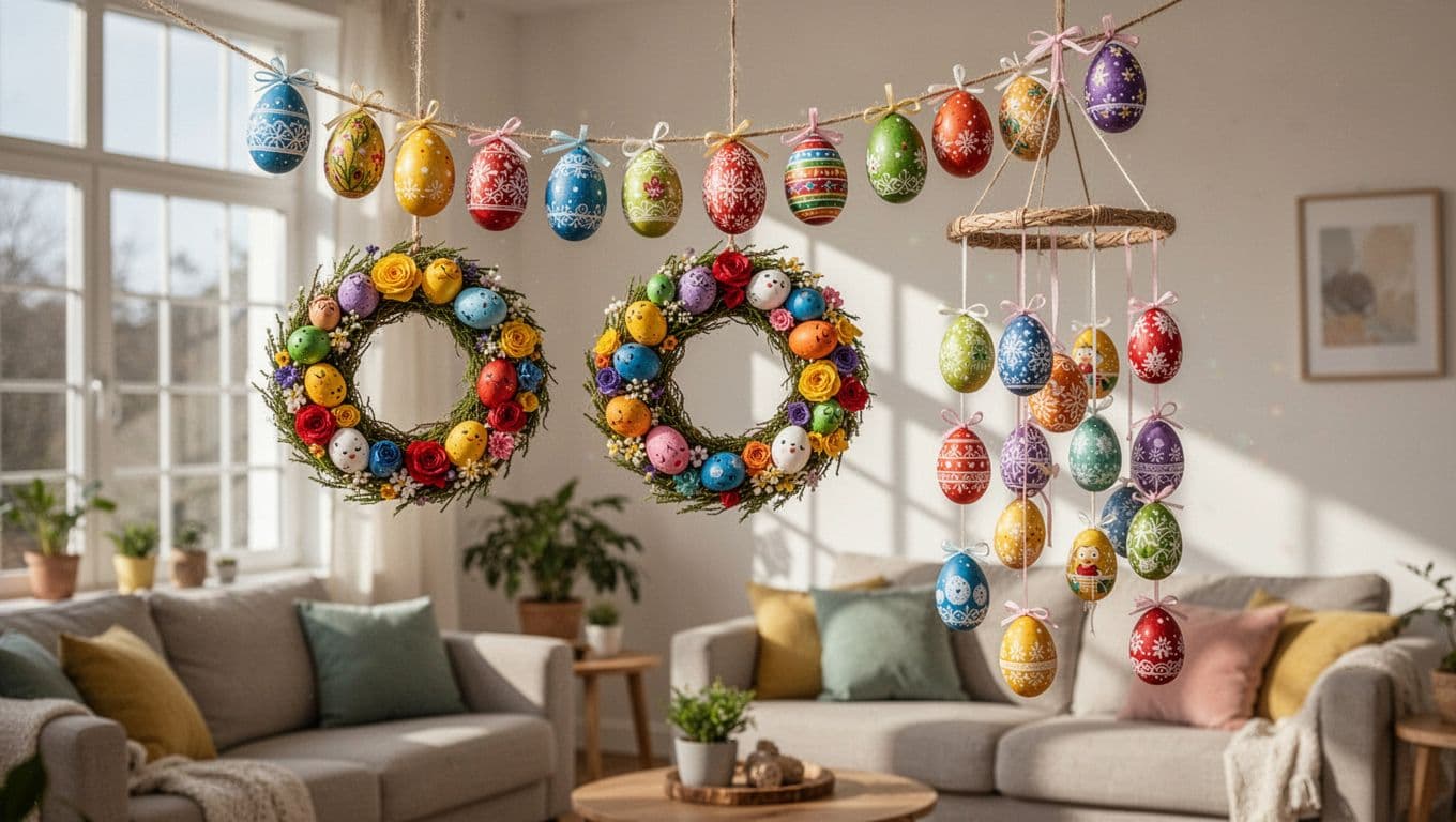 A vibrant collection of colorful egg-shaped garlands, wreaths, and dangling mobiles hangs gracefully against a bright wall. Dramatic sunlight streams in, creating soft, artistic shadows across the cheerful living room interior.