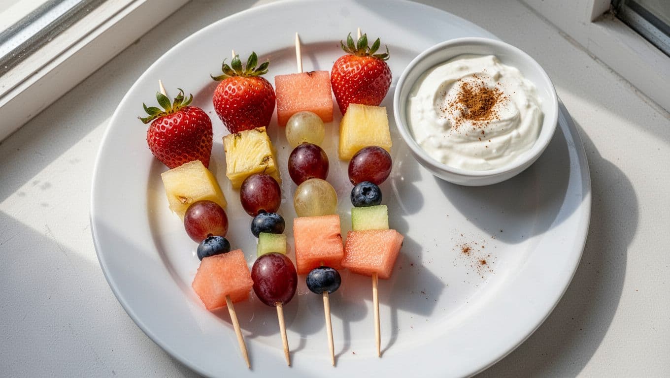 Five fruit kabobs with strawberries, grapes, melon, pineapple, and blueberries on wooden skewers on a white plate next to a bowl of Greek yogurt dip with cinnamon.