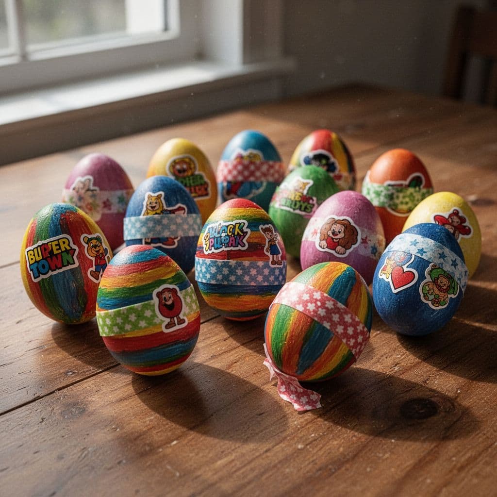 A rustic wooden tabletop displays several handcrafted eggs decorated with bright paint stripes, playful colorful stickers, and intricate patterned washi tape. Gentle natural light highlights the textures of each unique creation.