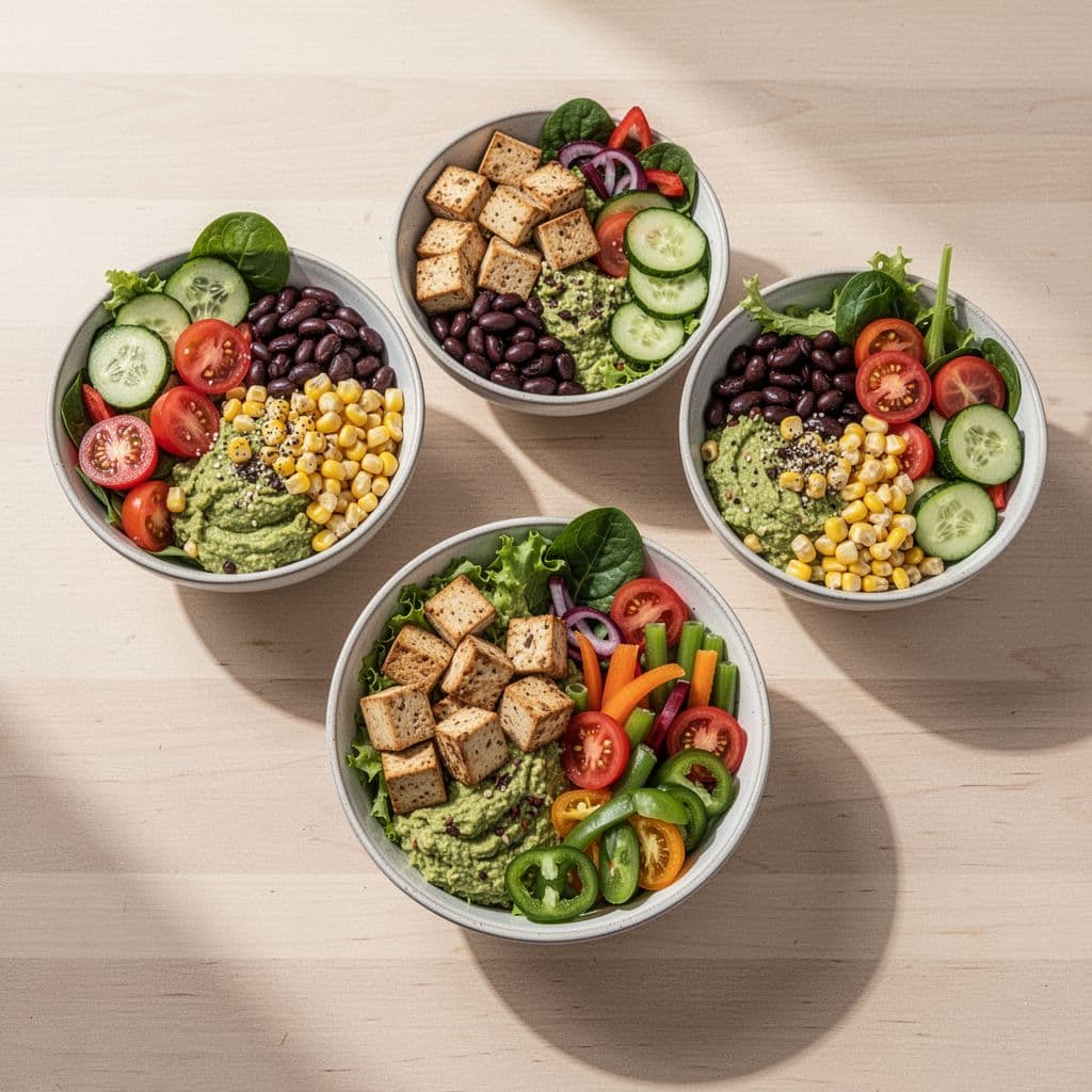 A cozy plant-based pasta dinner with creamy sauce, peas, and simple sides on a family table.