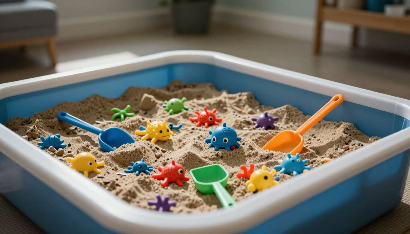 A bin filled with vibrant kinetic sand contains various small plastic sea creatures alongside yellow scoops. It rests on a clean white mat within a bright, well-lit indoor room environment.