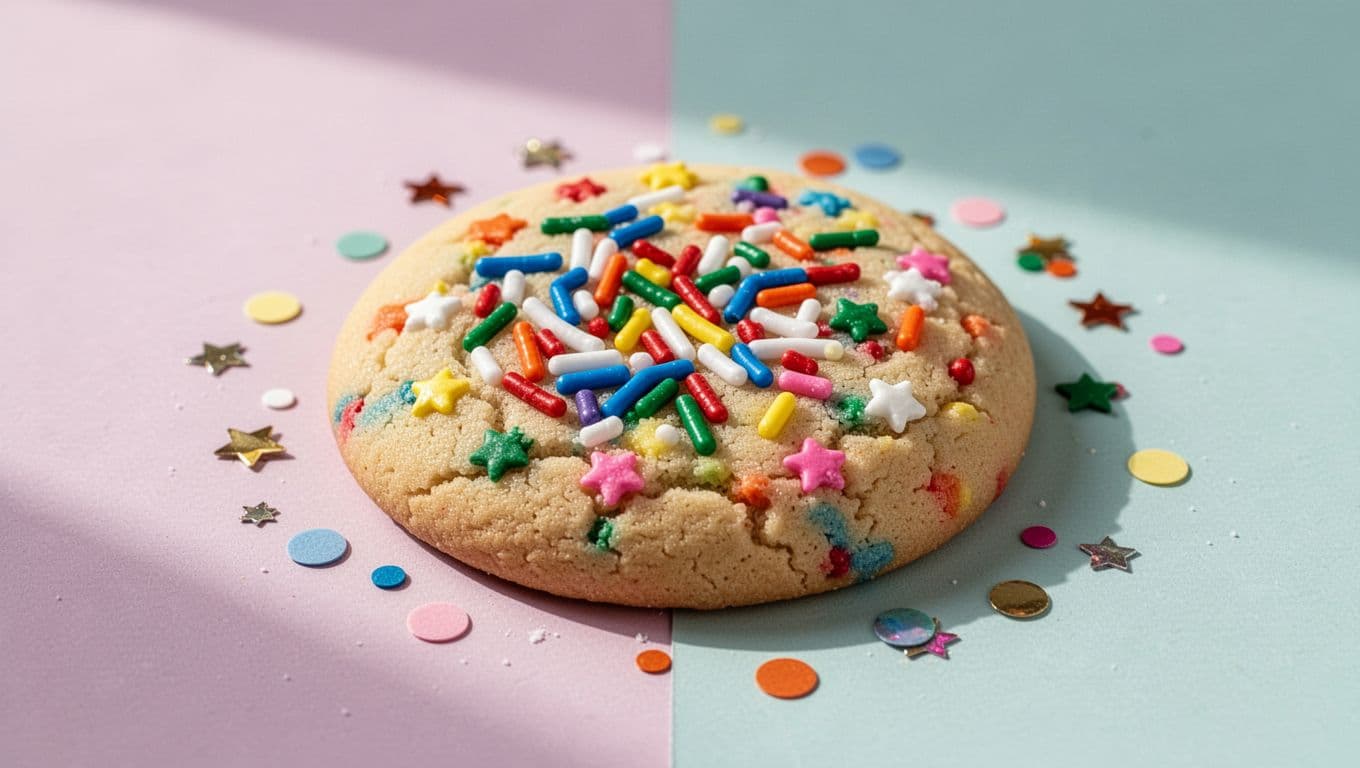 A variety of round and star-shaped sugar cookies sit on a white surface, topped with vibrant rainbow sprinkles. Soft morning light creates a cheerful atmosphere perfect for a baby shower celebration.