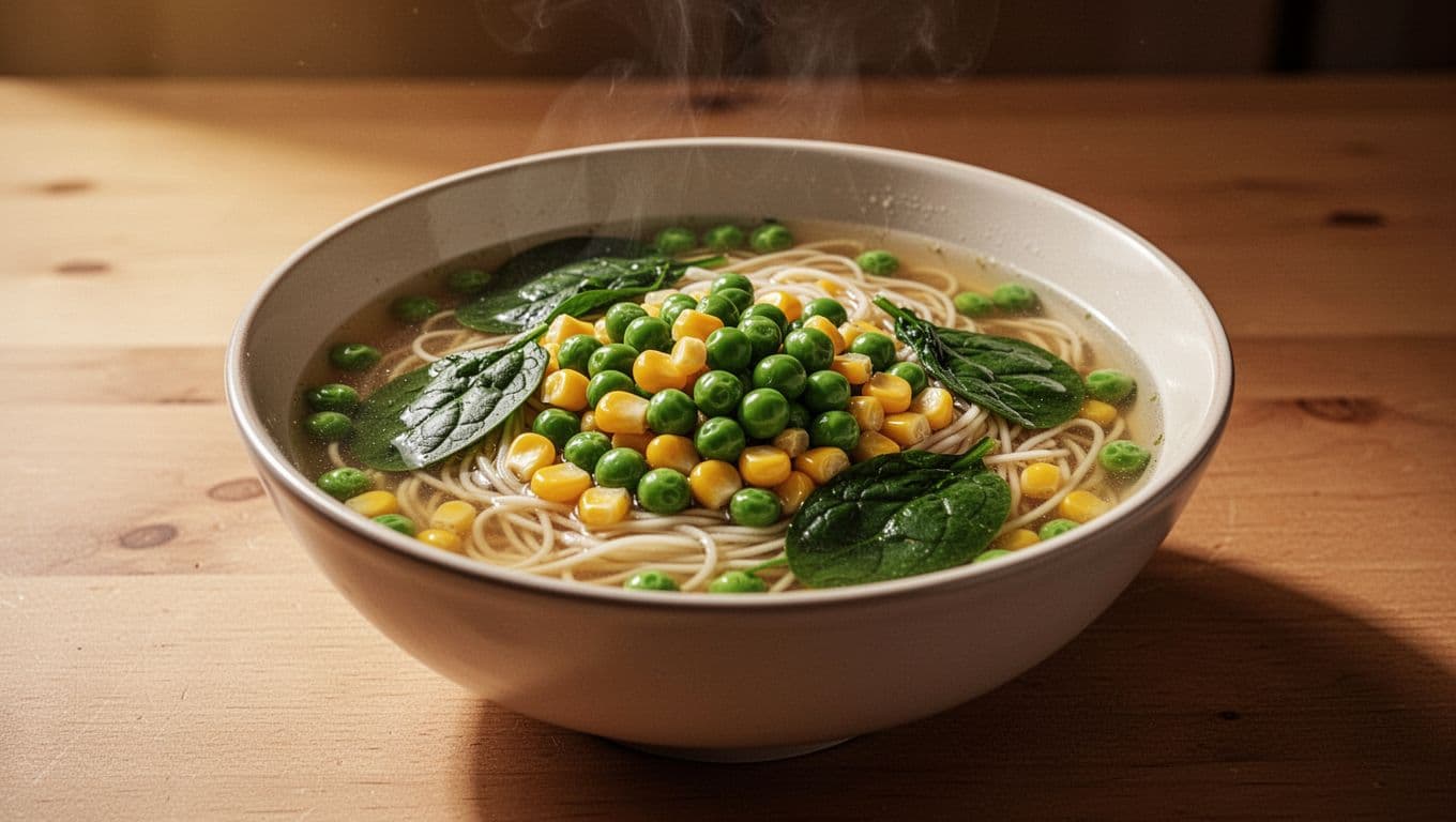 A ceramic bowl holds a steaming clear broth filled with vibrant green spinach, bright yellow corn kernels, and tender peas nestled among thin noodles. Soft light highlights the fresh textures.