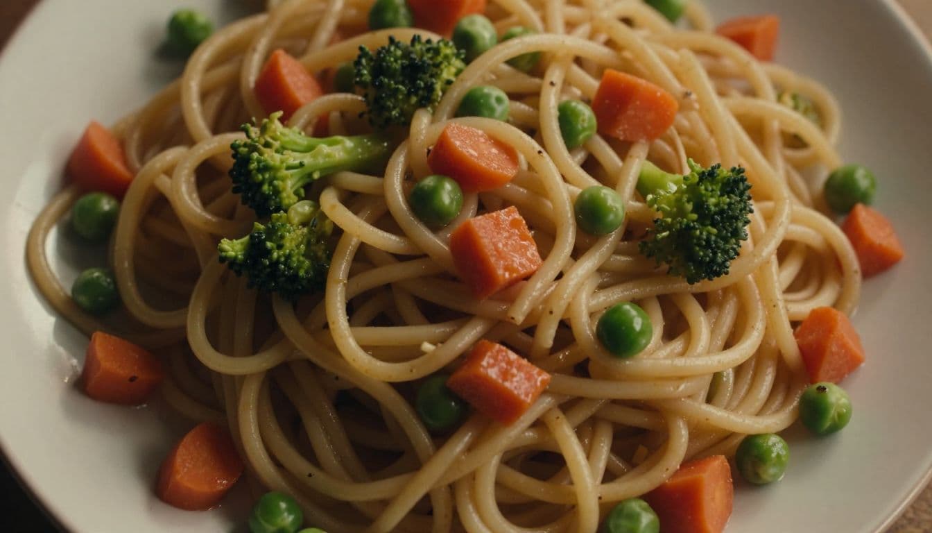 A top-down view captures a white ceramic plate filled with spiral pasta mixed with diced carrots, green peas, and broccoli florets. Soft sunlight illuminates the vibrant textures on the table.