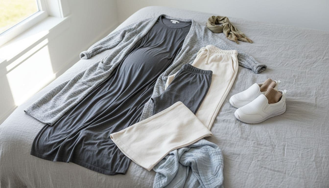 A comfortable going-home outfit for postpartum discharge laid out flat on a bed, including loose maternity leggings, oversized sweatpants, roomy maxi dress, supportive sneakers, and light cardigan layer in bright natural light.