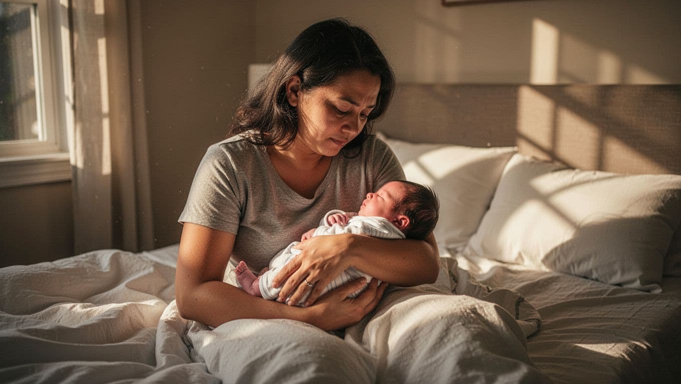 A parent cradles a swaddled infant close against their chest in a softly glowing room. The baby rests securely in their arms, highlighting a moment of tender care and quiet emotional connection.