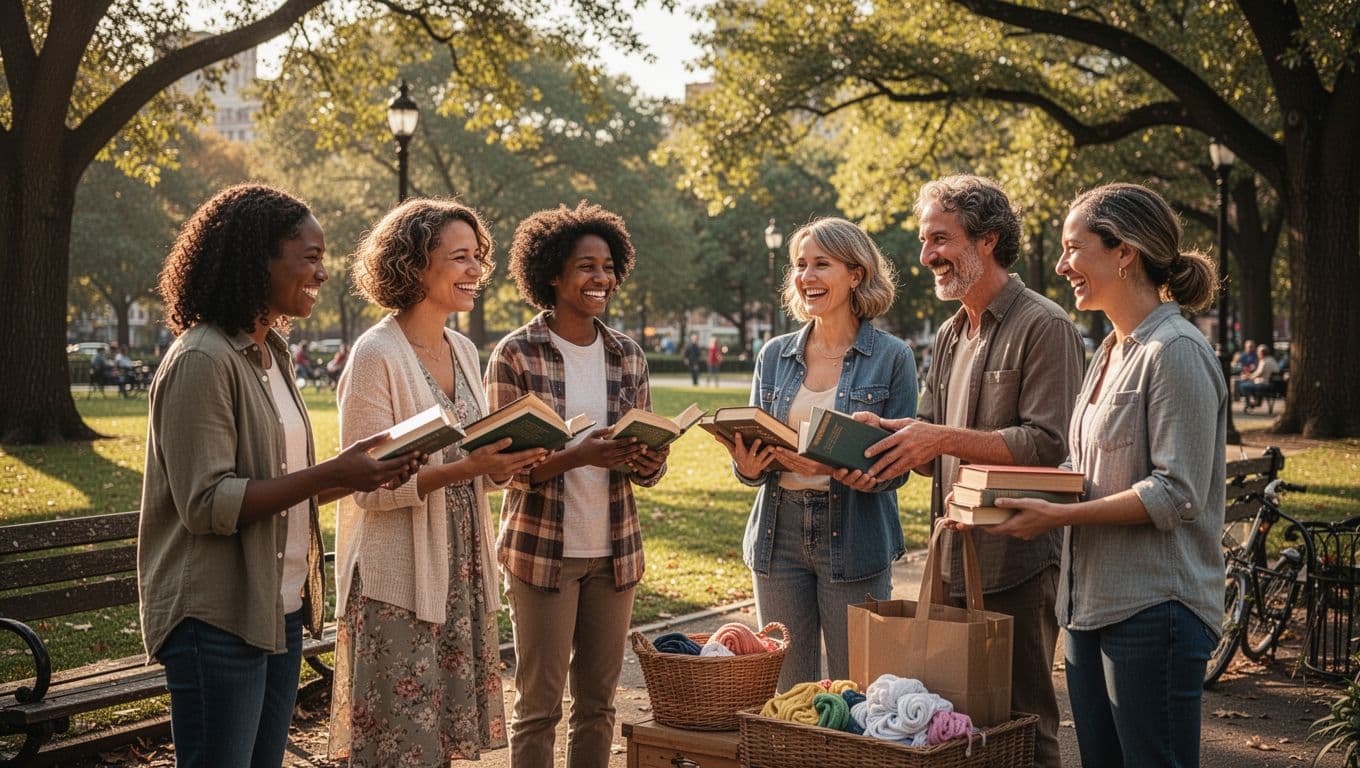 People from various backgrounds gather in a sunlit public park to trade books and household items. The warm afternoon light illuminates their smiling faces while they engage in friendly neighborhood interactions.