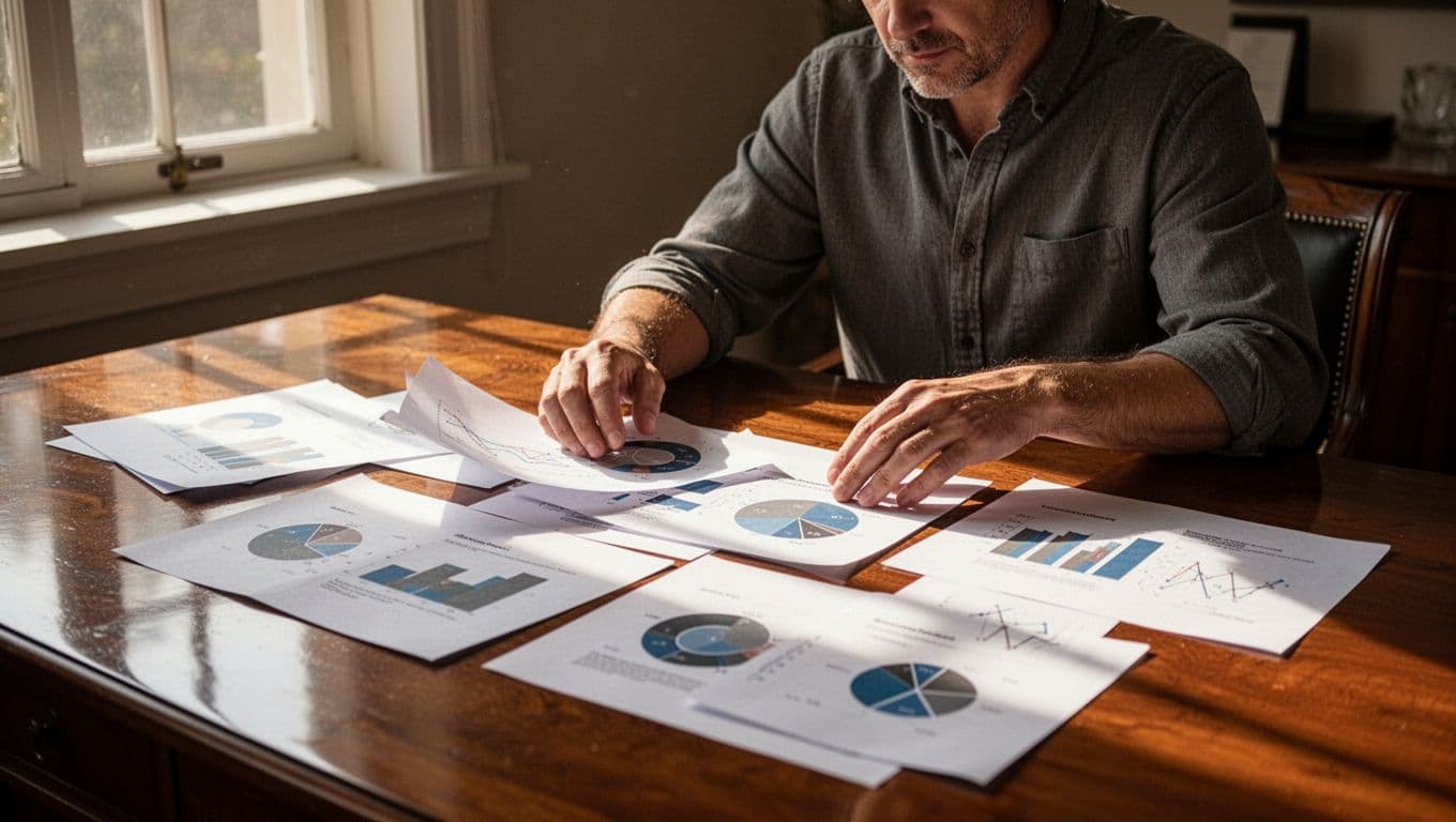 A person reviews multiple financial documents spread across a wooden surface, highlighting diverse banking features under soft morning light. The composition emphasizes careful analysis through strong shadows and high visual contrast.