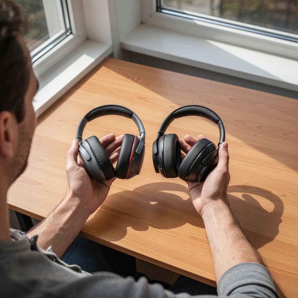 A person holds two different pairs of headphones on a wooden desk near a window.