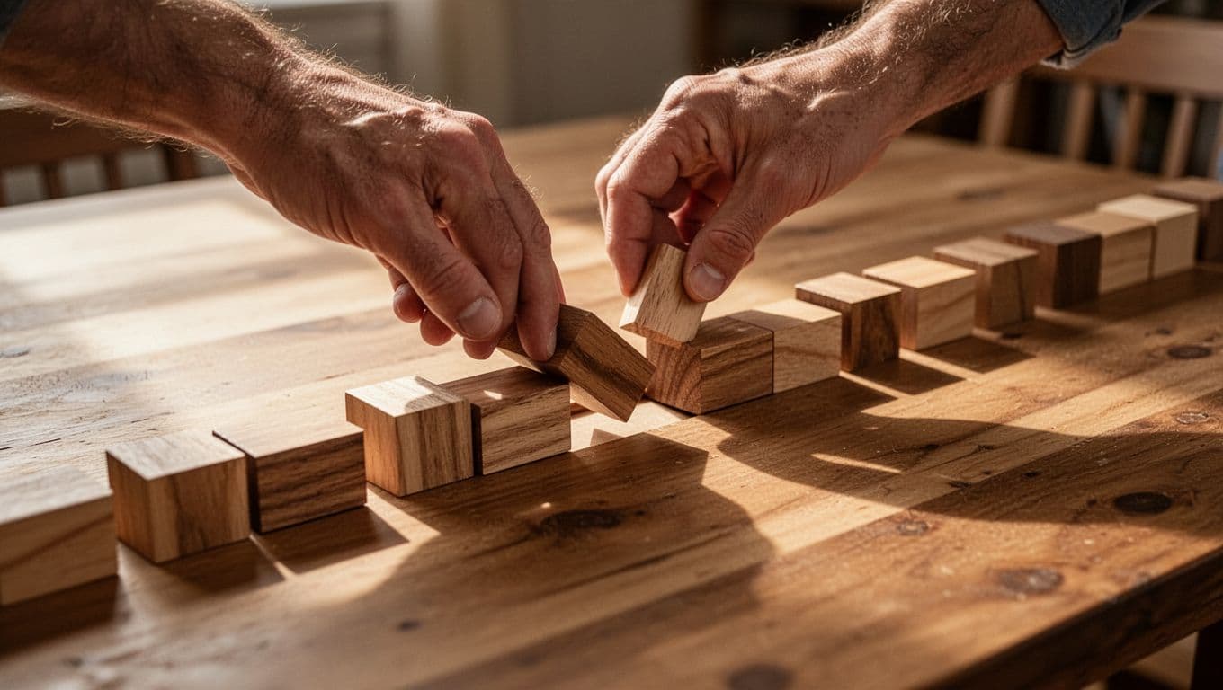 A person carefully slides a wooden block into a narrow gap to complete a path laid out on a table surface. Soft warm light illuminates the texture of the grain.