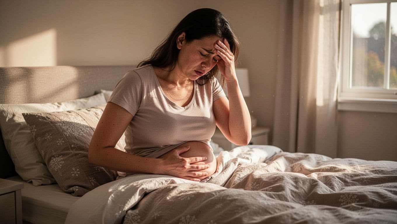 Woman sits on bed in cozy bedroom, hand on lower abdomen and forehead, soft morning light through window.