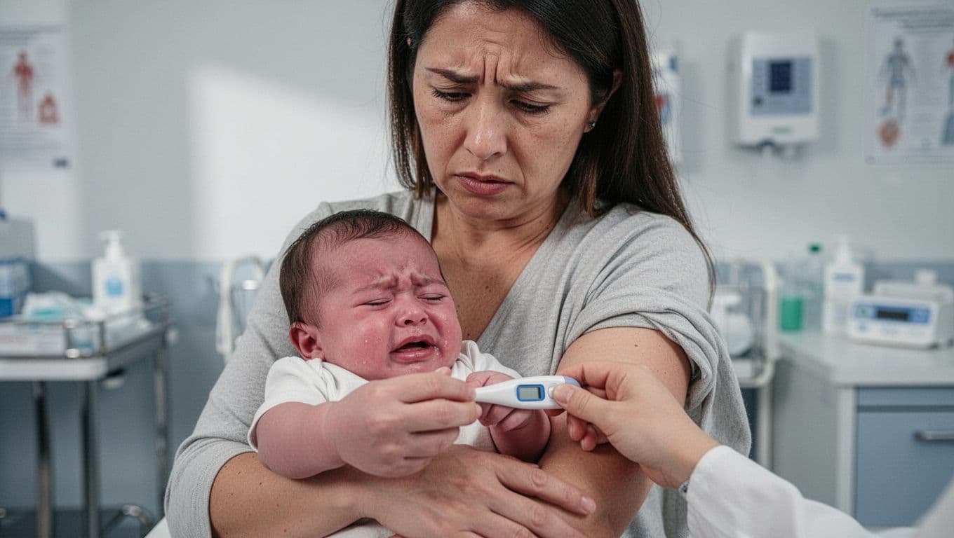 A worried mother holds her crying baby and checks its temperature with a thermometer in a blurred pediatrician office background, emphasizing parental concern and care.