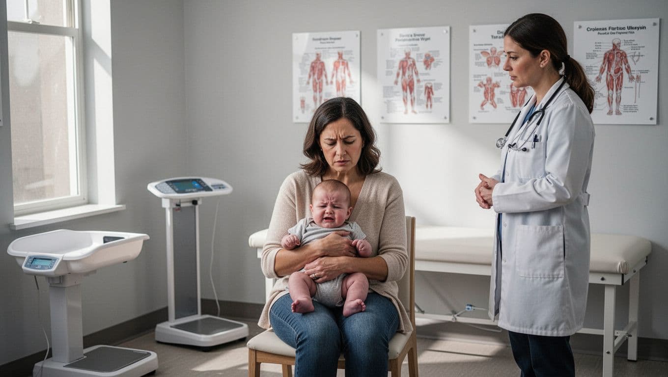 Concerned mother holds fussy 8-month-old baby on lap in modern exam room; pediatrician stands nearby reviewing chart.