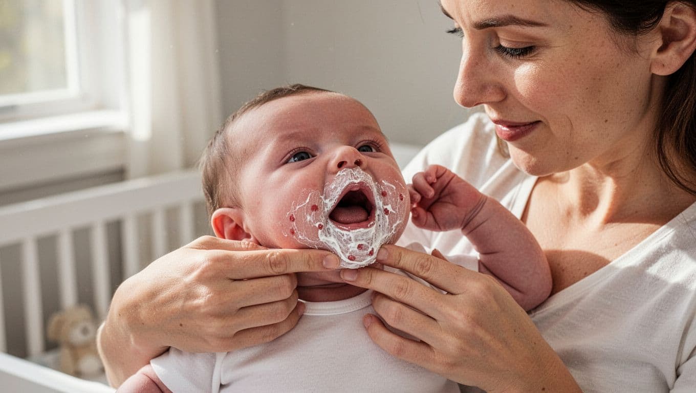 Concerned mother holds fussy newborn's chin open, revealing thick white patchy coating on tongue and cheeks.